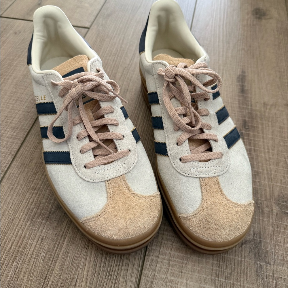 Adidas Gazelle Bold Suede Sneakers in Cream, Navy & Tan